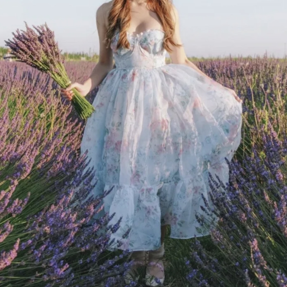 Selkie Strapless Floral Dress - Pastel Blue and Pink